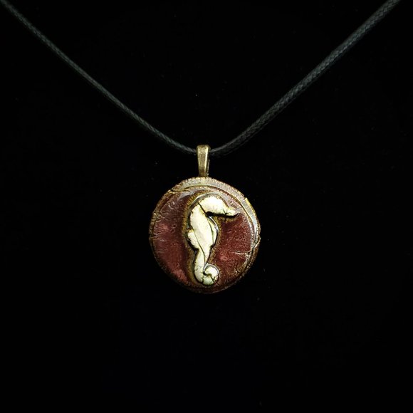 Handmade Ceramic Teak Seahorse Pendant Necklace - Picture 3 of 16